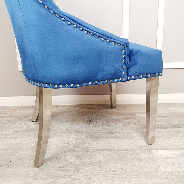 Classic-blue-velvet-knocker-back-dining-chairs-chrome-legs