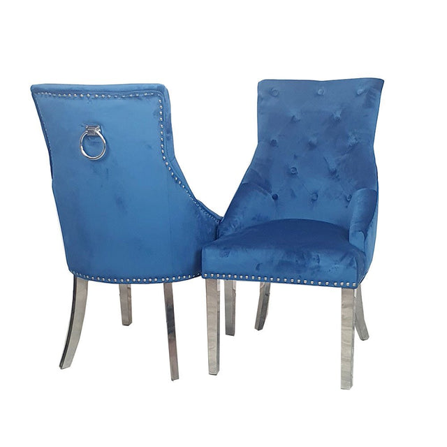 Classic-blue-velvet-knocker-back-dining-chairs-chrome-legs