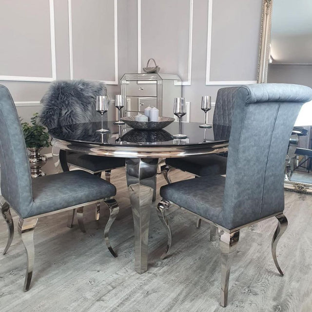 Classic-dark-grey-leather-dining-chairs-chrome-legs