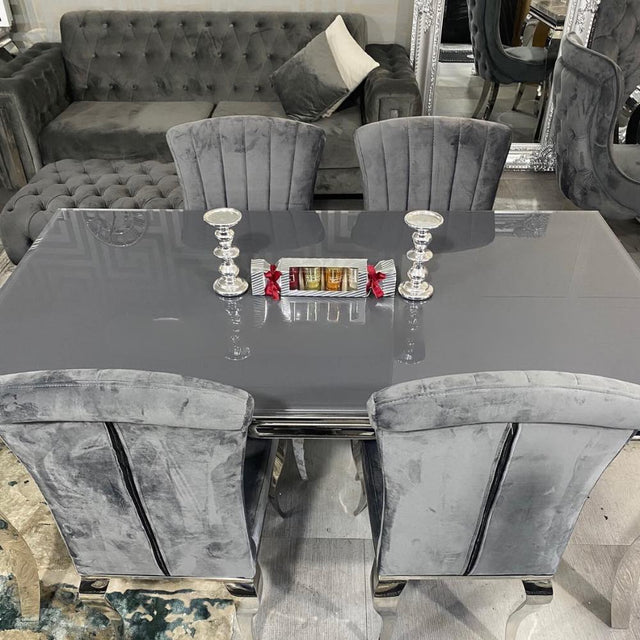 Classic-dark-grey-velvet-dining-chairs-chrome-legs