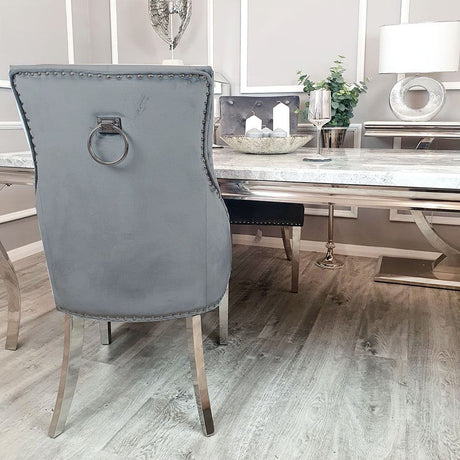 Classic-dark-grey-velvet-knocker-back-dining-chairs-chrome-legs