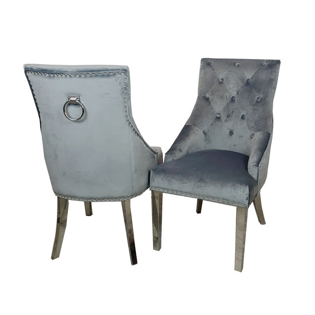 Classic-dark-grey-velvet-knocker-back-dining-chairs-chrome-legs