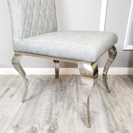 Classic-light-grey-leather-dining-chairs-chrome-legs