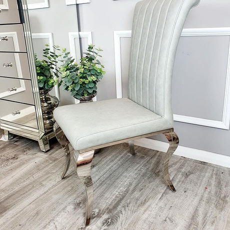 Classic-light-grey-leather-dining-chairs-chrome-legs