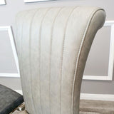 Classic-light-grey-leather-dining-chairs-chrome-legs