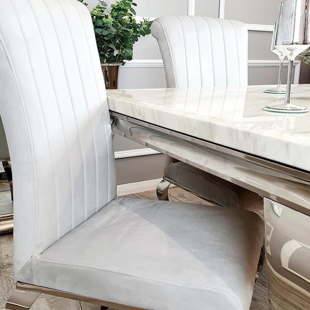 Classic-light-grey-velvet-dining-chairs-chrome-legs