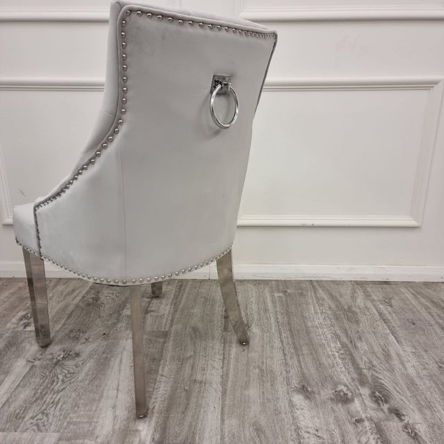 Classic-light-grey-velvet-knocker-back-dining-chairs-chrome-legs