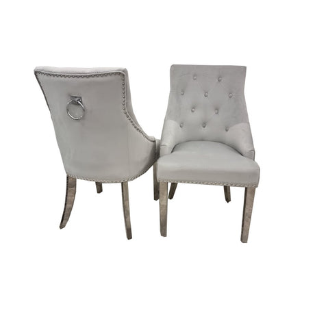 Classic-light-grey-velvet-knocker-back-dining-chairs-chrome-legs