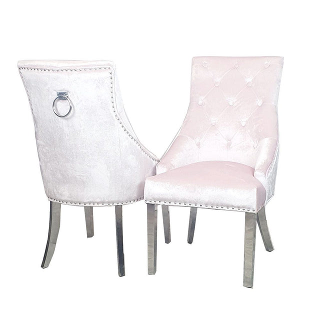 Classic-pink-velvet-knocker-back-dining-chairs-chrome-legs