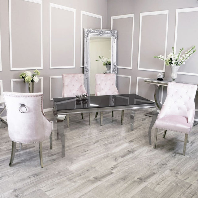 Classic-pink-velvet-knocker-back-dining-chairs-chrome-legs