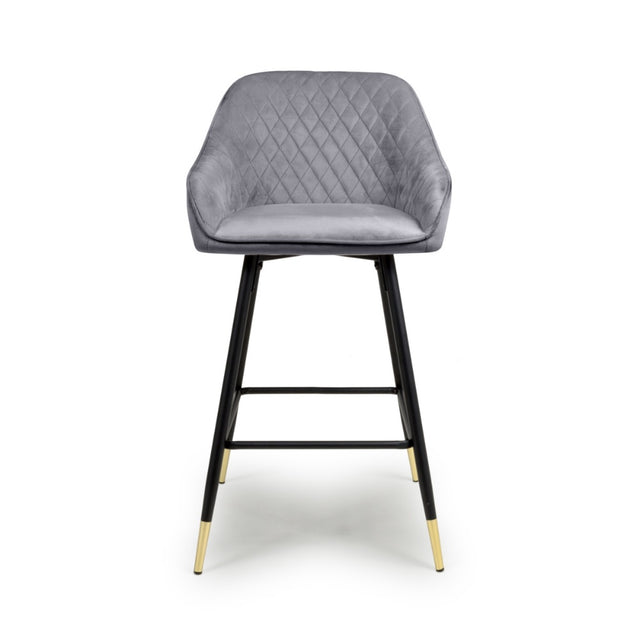 Dark-Grey-Modern-Velvet-Bar-Stool-Diamond-Stitching-Black-Legs-With-Gold-Tips-Set-of-2