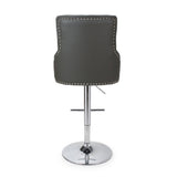 Grey-Classic-Leather-Bar-Stool-Chrome-Studded-With-Adjustable-Stainless-Steel-Base-Set-of-2