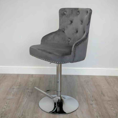 Grey-Classic-Velvet-Bar-Stool-Chrome-Studded-With-Adjustable-Stainless-Steel-Base-Set-of-2