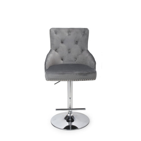 Grey-Classic-Velvet-Bar-Stool-Chrome-Studded-With-Adjustable-Stainless-Steel-Base-Set-of-2