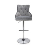 Grey-Classic-Velvet-Bar-Stool-Chrome-Studded-With-Adjustable-Stainless-Steel-Base-Set-of-2