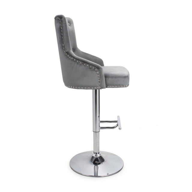 Grey-Classic-Velvet-Bar-Stool-Chrome-Studded-With-Adjustable-Stainless-Steel-Base-Set-of-2