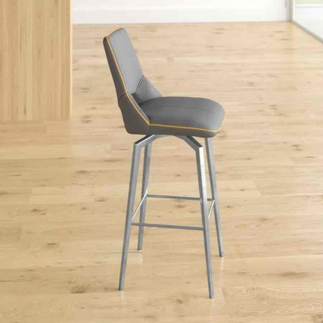 Grey-Modern-Leather-Bar-Stool-Yellow-Lining-Stainless-Steel-Swivel-Base-Set-of-2