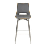 Grey-Modern-Leather-Bar-Stool-Yellow-Lining-Stainless-Steel-Swivel-Base-Set-of-2