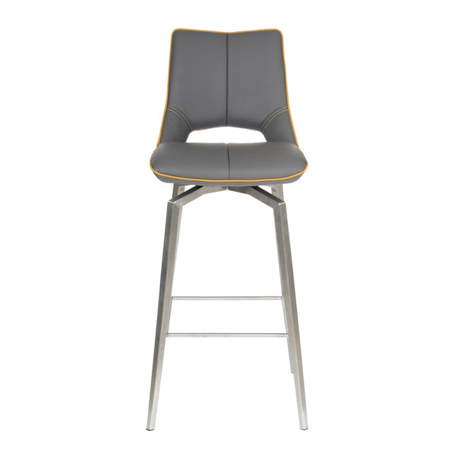 Grey-Modern-Leather-Bar-Stool-Yellow-Lining-Stainless-Steel-Swivel-Base-Set-of-2