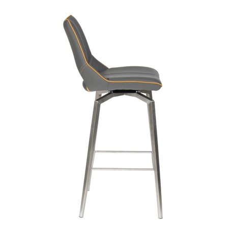 Grey-Modern-Leather-Bar-Stool-Yellow-Lining-Stainless-Steel-Swivel-Base-Set-of-2