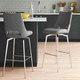 Grey-Modern-Leather-Bar-Stool-Yellow-Lining-Stainless-Steel-Swivel-Base-Set-of-2