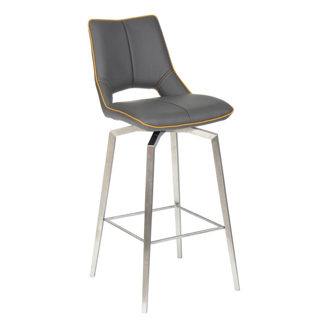 Grey-Modern-Leather-Bar-Stool-Yellow-Lining-Stainless-Steel-Swivel-Base-Set-of-2