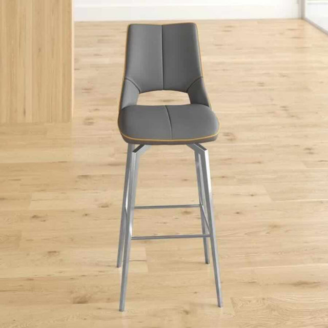 Grey-Modern-Leather-Bar-Stool-Yellow-Lining-Stainless-Steel-Swivel-Base-Set-of-2