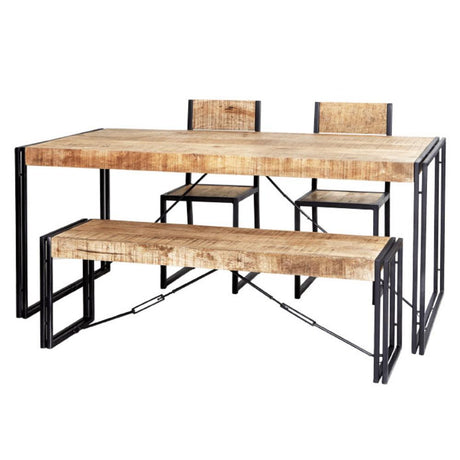 Industrial Natural Reclaimed Wood & Metal Rectangular Dining Table With Reclaimed Wood Chairs & Bench 150cm