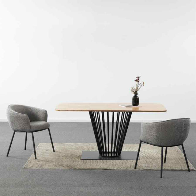 Industrial Rectangular Oak Dining Table Black Metal Pedestal Base With Minimalist Boucle Chairs Kitchen Table Set 160cm