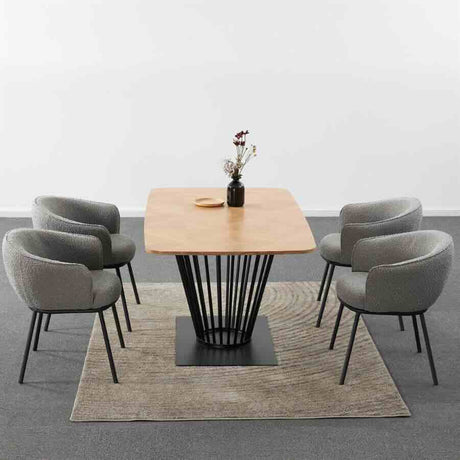 Industrial Rectangular Oak Dining Table Black Metal Pedestal Base With Minimalist Boucle Chairs Kitchen Table Set 160cm