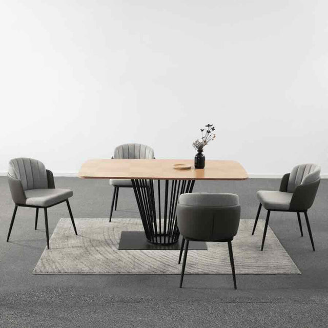 Industrial Rectangular Oak Dining Table Black Metal Pedestal Base With Grey Fabric & Faux Leather Chairs Kitchen Table Set 160cm