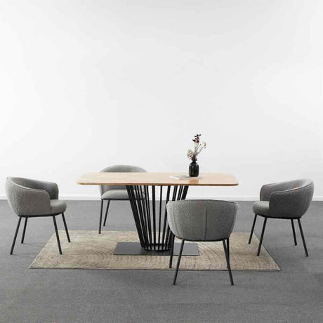 Industrial Rectangular Oak Dining Table Black Metal Pedestal Base With Minimalist Boucle Chairs Kitchen Table Set 160cm