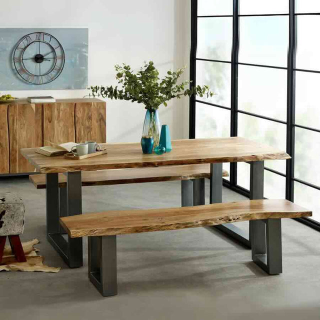 Industrial Natural Solid Wood Live Edge Rectangular Dining Table With Solid Wood Dining Bench Kitchen Table Set