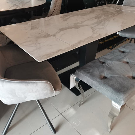 Industrial-8-Seater-Rectangular-Extending-White-Marble-Dining-Table-Black-Metal-Pedestal-Base-120cm-180cm