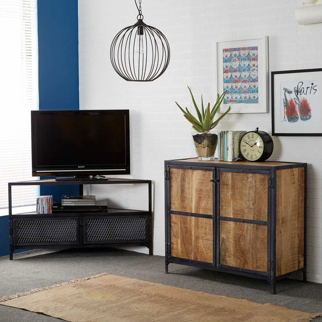 Willowbrook Industrial Black Metal Corner TV Stand With Mango Wood Top