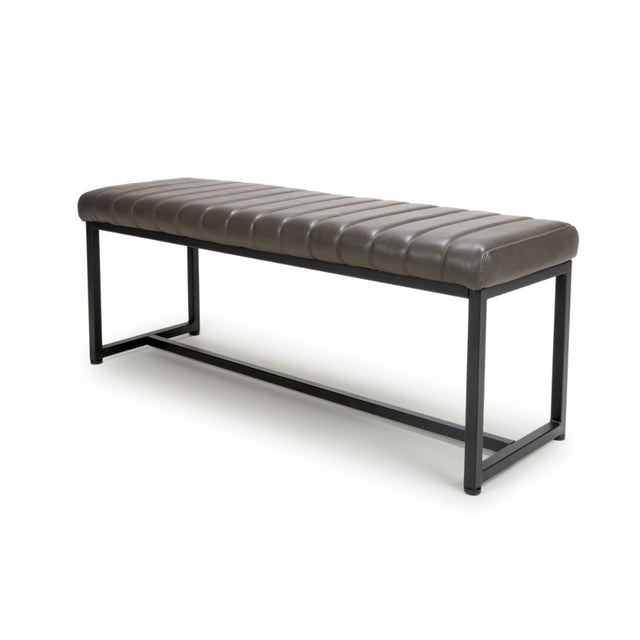 Industrial Grey Leather Dining Bench Black Metal Base