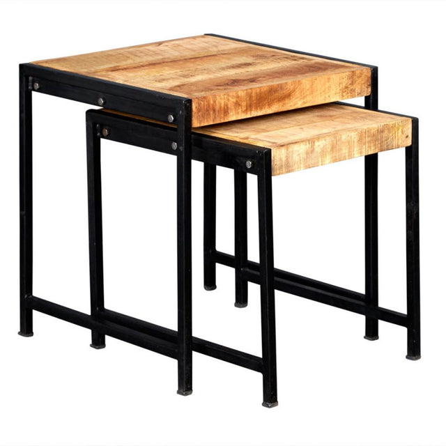 Industrial-Natural-Reclaimed-Wood-Nest-of-2-Side-Tables-Black-Metal-Frame