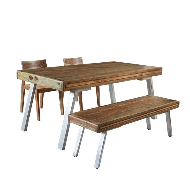 Industrial Solid Acacia Wood Dining Table With Solid Acacia Wood Chairs & Bench Kitchen Table Set