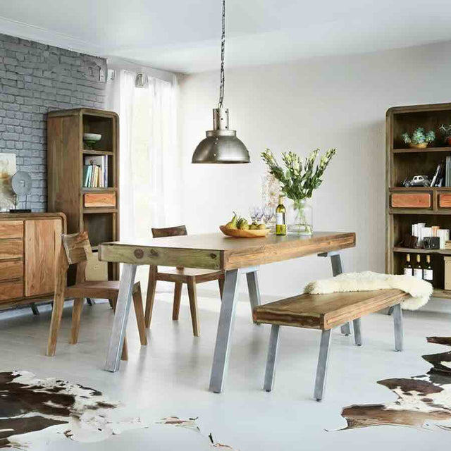 Industrial Solid Acacia Wood Dining Table With Solid Acacia Wood Chairs & Bench Kitchen Table Set