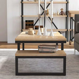     Industrial-Rectangular-Wood-Top-Coffee-Table-With-End-Shelf-Black-Metal-Base-110cm