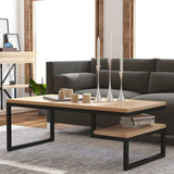     Industrial-Rectangular-Wood-Top-Coffee-Table-With-End-Shelf-_-Black-Metal-Base-110cm