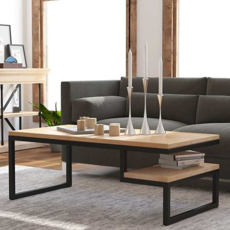     Industrial-Rectangular-Wood-Top-Coffee-Table-With-End-Shelf-_-Black-Metal-Base-110cm