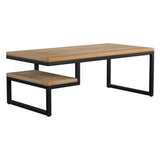     Industrial-Rectangular-Wood-Top-Coffee-Table-With-End-Shelf-Black-Metal-Base-110cm