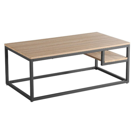     Industrial-Rectangular-Wood-Top-Coffee-Table-With-End-Shelf-Black-Metal-Base-110cm