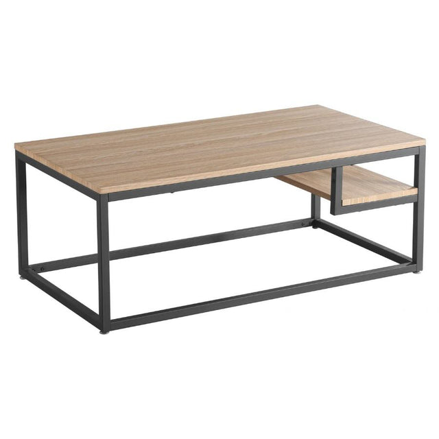     Industrial-Rectangular-Wood-Top-Coffee-Table-With-End-Shelf-Black-Metal-Base-110cm