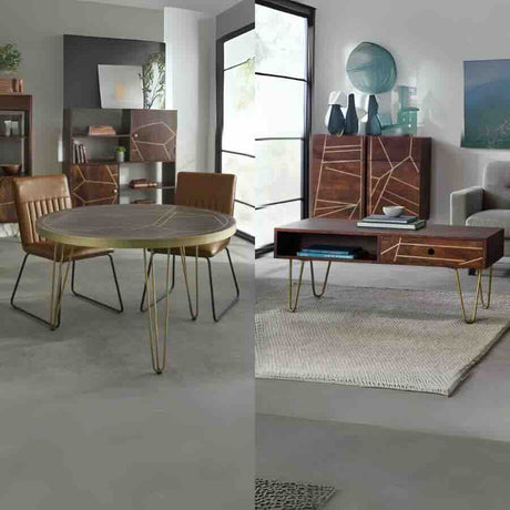 Industrial-Retro-Solid-Wood-Walnut-Matching-Dining-Table-and-Coffee-Table-Set-With-Gold-Inlay-Gold-Metal-Legs