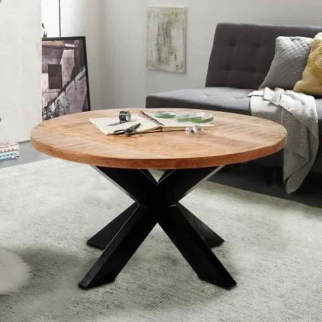 Industrial-Round-Solid-Mango-Wood-Coffee-Table-Black-Metal-Crossover-Legs-80cm