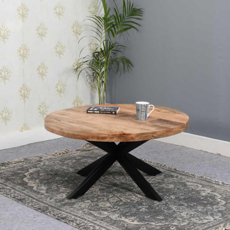 Industrial-Round-Solid-Mango-Wood-Coffee-Table-Black-Metal-Crossover-Legs-80cm