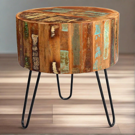 Industrial-Rustic-Round-Natural-Reclaimed-Wood-Side-Table-Metal-Legs-45cm