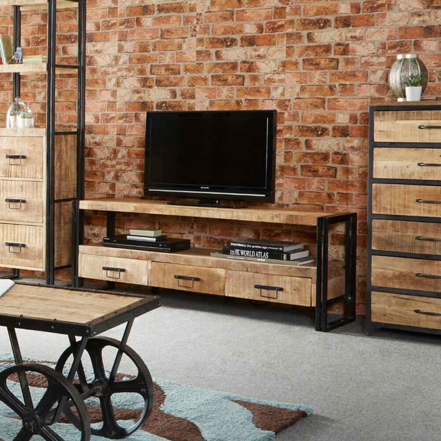 Marta Industrial Mango Wood And Metal TV Stand With Storage